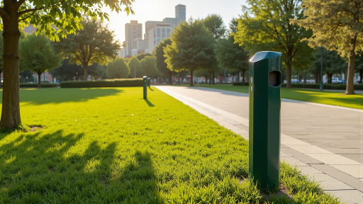 社区公园户外健身区，多种健身器材分布在绿化环境中