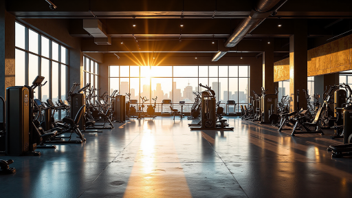 专业体育中心内部，高端健身器材整齐摆放，现代化装修环境