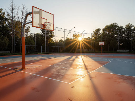 专业篮球架，红色金属框架结构，稳固底座设计，户外使用场景