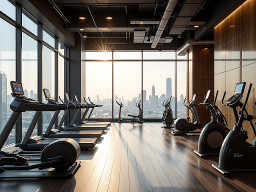 多功能健身器材组合，多种训练功能集成，现代健身房环境